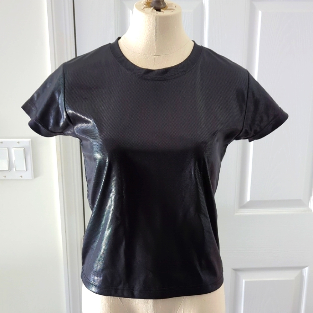Black Leather Effect Baby Tee Y2K